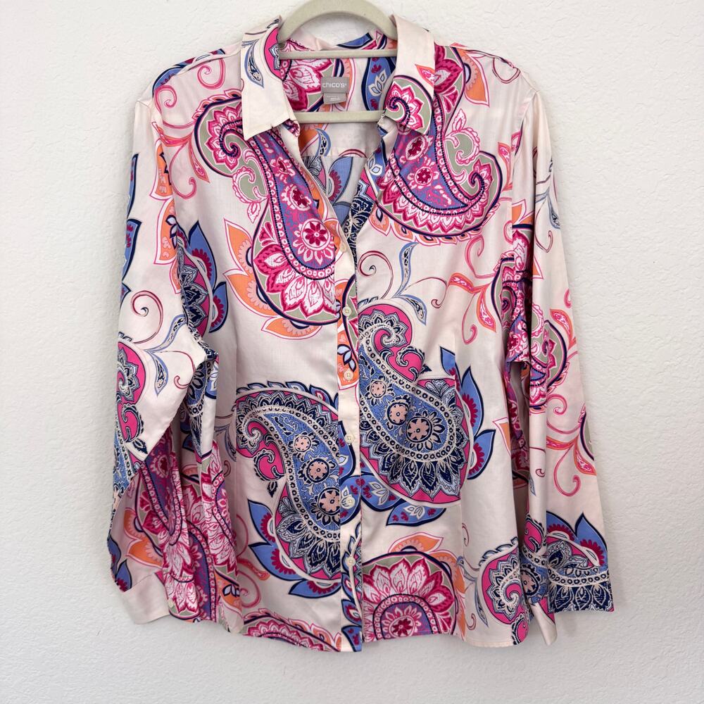 Chico's Womens Button Front Shirt Sz 20 / 22 Paisley No Iron 100% Cotton Classic